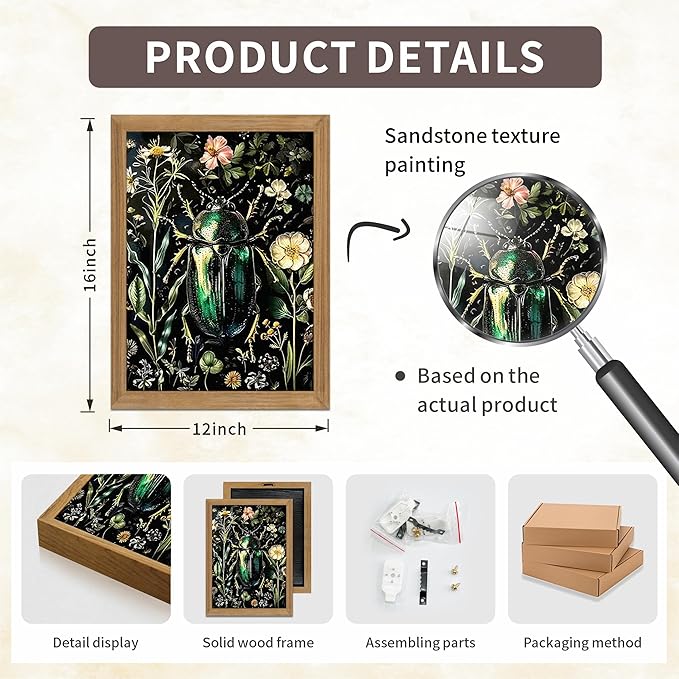 Framed Vintage 3D Textured Wall Art - Gothic Dark College Beetle Wall Decor - Hand Drawn Sandstone Nature Botanical Pictures for Living Room Bedroom Home Decor 12x16in