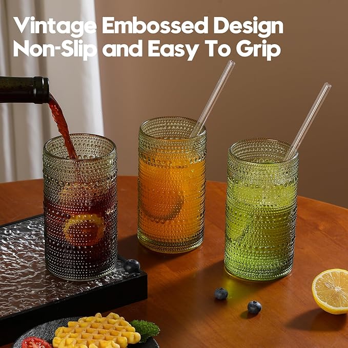 AkutaaVintage Hobnail Drinking Glasses Set of 12, 16 oz Large Capacity Embossed Green Tumblers, Highball Glasses for Water, Cocktail, Beer, Whiskey, Kitchen & Bar Use