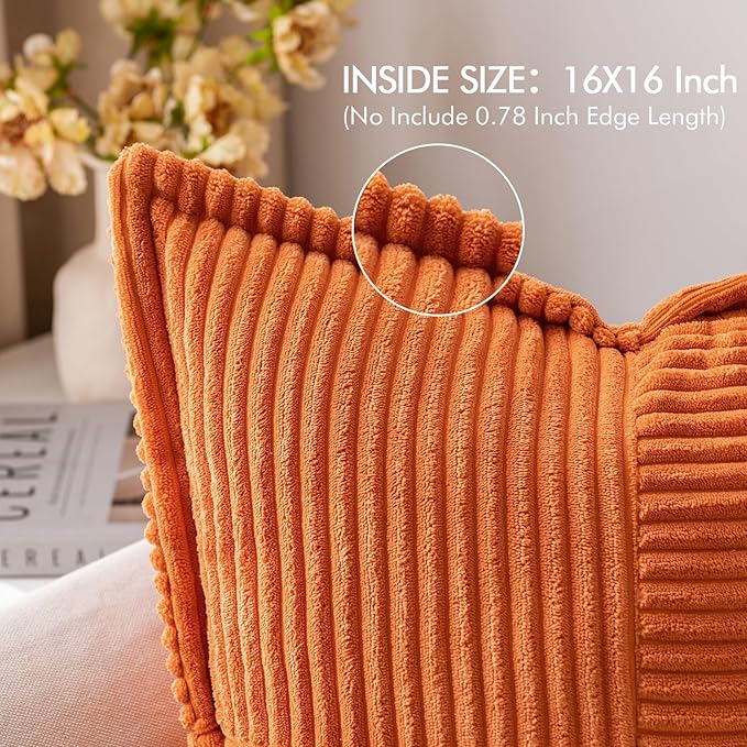 MIULEE Orange Fall Decorative Throw Pillow Covers for Couch Bed Livingroom 16x16 Inch Set of 2 Boho Accent Throw Pllows Broadside Striped Patchwork Soft Corduroy Pillowcases