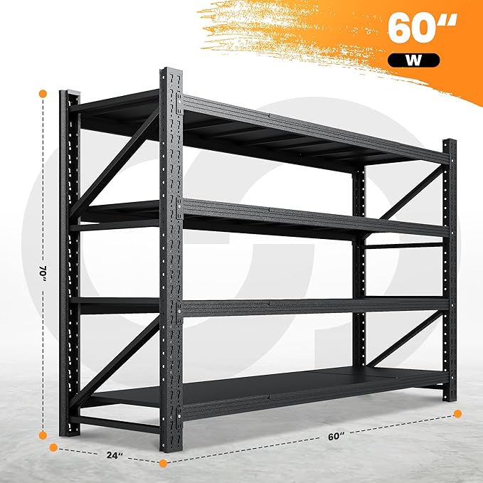 60” W Heavy Duty Garage Shelving, 5000LBS Metal Storage Shelves, 4 Tier Storage Rack Shelf, Steel Industrial Shelving, Adjustable Standing Shelf for Basement/Warehouse 60" W x 24" D x 70" H, Black