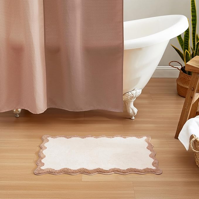 MONDAY MOOSE Bath Mat with Scalloped Wavy Ripple Design, Microfiber Absorbent Non Slip Tufted Rug for Floor, Shower or Kitchen (16x24 inch, Beige)