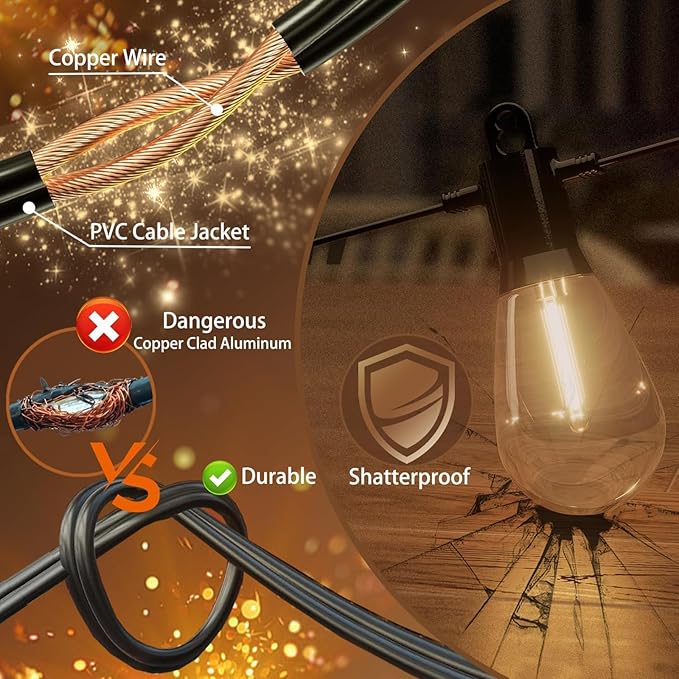 Outdoor String Lights 50 ft, LED Patio Lights with 16（15+1 Spare S14 Shatterproof Bulbs, IP65 Waterproof, Outside Hanging Light for Cafe Bistro Backyard