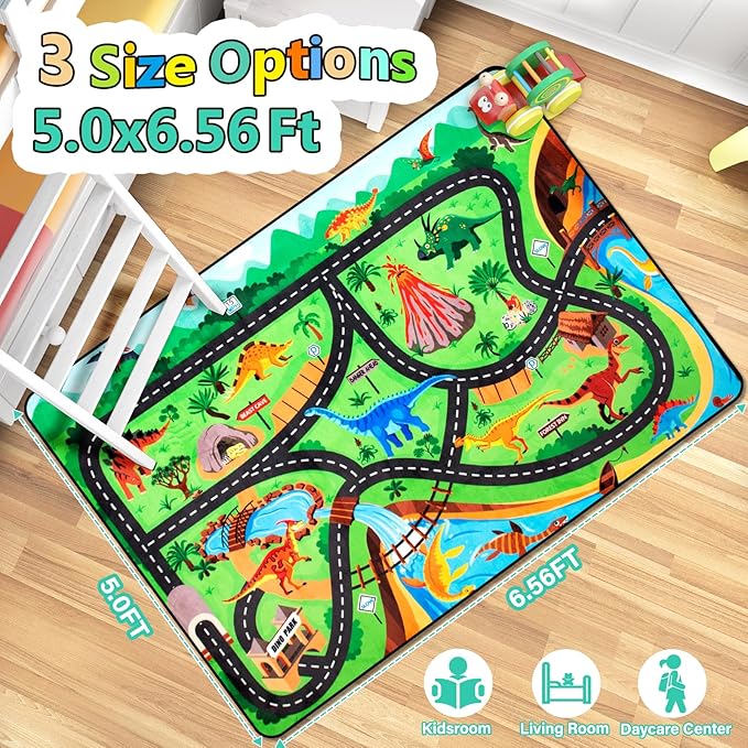 Kids Rug, Car Carpet for Kids' Toy Cars, 5x7 Ft Dinosaur Rug, Dino Safari Road Mat for Playroom, Educational Learning & Game Area Baby Play Mat Carpet for Children