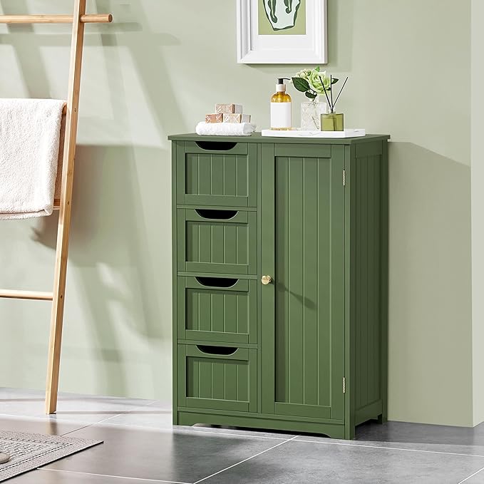 Yaheetech Wooden Bathroom Floor Cabinet, Side Storage Organizer Cabinet with 4 Drawers and 1 Cupboard, Freestanding Entryway Storage Unit Console Table, Bathroom Furniture Home Decor, Green