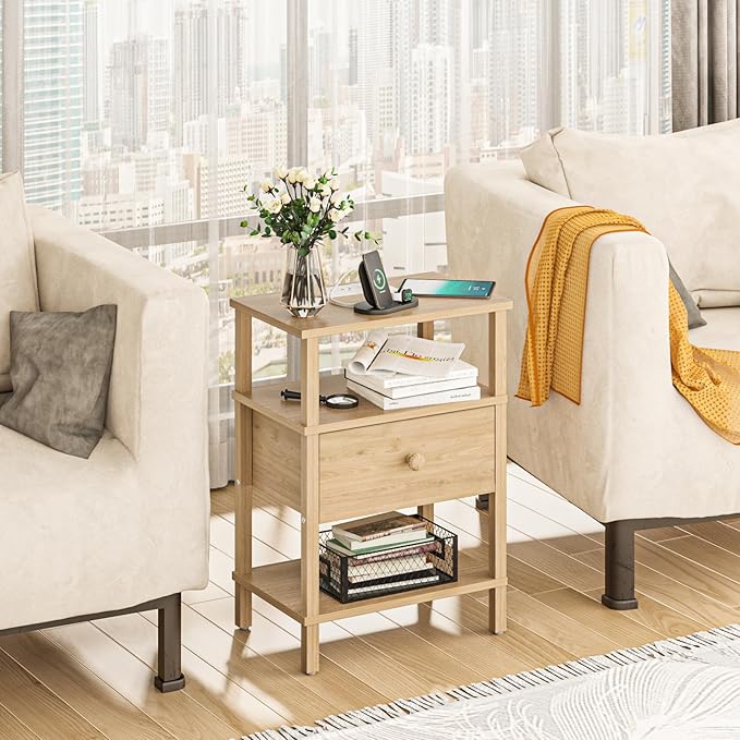Lerliuo Nightstand Set of 2 with Charging Station and USB Ports, 3-Tier Storage End Table with Drawer Shelf, Night Stand for Small Spaces, Wood Bedside Table for Living Room, Bedroom - Natural Wood