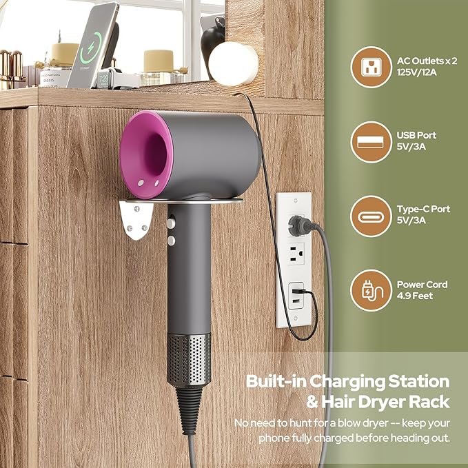 11 Drawers Fluted Vanity Desk with Glass Top, 47" Makeup Vanity with Large Mirror and 12 LED Lights, Dressing Table with Power Outlet for Bedroom, Natural