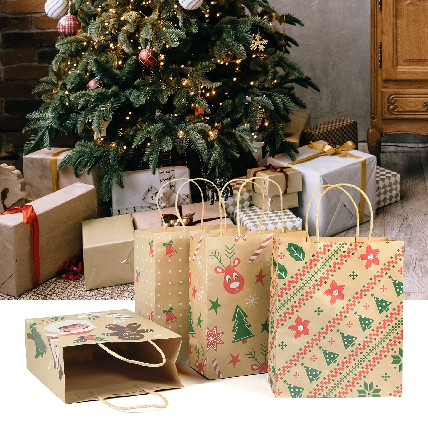 Ogrmar 24 PCS Christmas Gift Bags Kraft Holiday Wrapping Paper Bags with Christmas Prints for Holiday Party Favors Xmas Gift Box Packaging