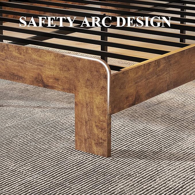 Wooden Bed Frame Queen Size with Headboard, Farmhouse Platform Bedframe with Metal Slat Support, Sturdy Framework Bed Frame, Easy Assembly (Rustic Brown LED)