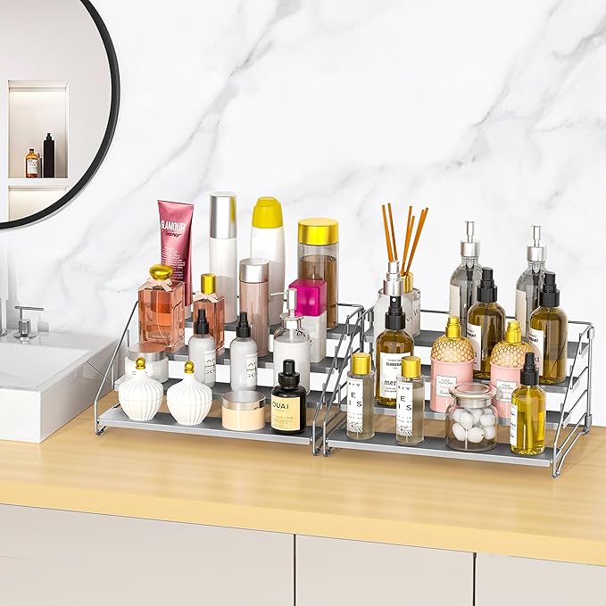 4 Tier Spice Rack Organizer for Cabinet, Spice Rack Organizer, Depth Adjustable Spice Organizer for Cabinet, Countertop, Cupboard, Pantry, Seasoning Shelf, Metal, Gray (2 Pack)