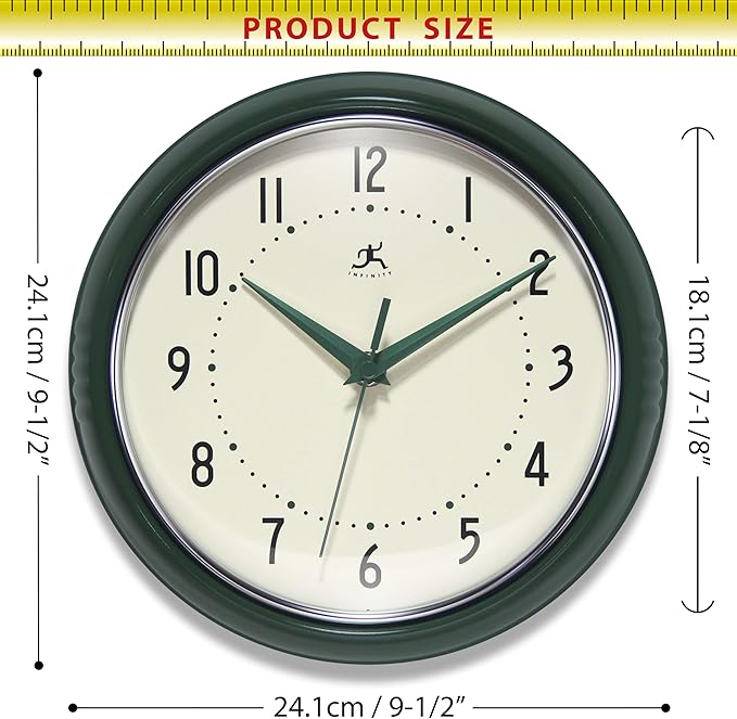 Infinity Instruments LTD. Retro 9 inch Silent Sweep Non-Ticking Mid Century Modern Kitchen Diner Wall Clock Quartz Movement Retro Wall Clock Decorative (Hunter Green)