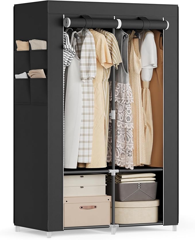 SONGMICS Portable Closet, Wardrobe Closet Organizer with Cover, 2 Hanging Rods and Shelves, 4 Side Pockets, 33.9 x 17.7 x 65.7 Inches, Large Capacity for Bedroom, Living Room, Ink Black URYG091B01