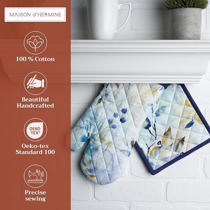 Maison d' Hermine 100% Cotton Oven Mitt & Pot Holder Set (7.5"x13" & 8"x8") Heat Resistant BBQ Cooking Gloves with Loop, Baking, Grilling, Kitchen, Handling Hot Pans Spring/Summer (Lazy Summer Days)