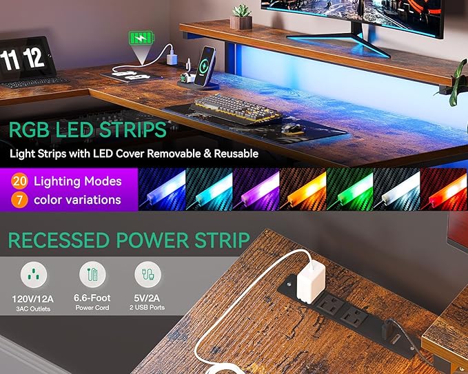 AODK 61" L Shaped Desk with Drawer, Computer Desk with Power Outlets & LED Lights, Reversible Corner Gaming Desks for Home Office Workstation, Office Table with Monitor Shelf, Vintage