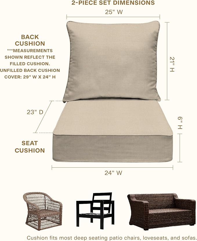 Honeycomb Outdoor Deep Seat, 24 x 23, Textured Solid Almond Chair Cushion for Patio Furniture