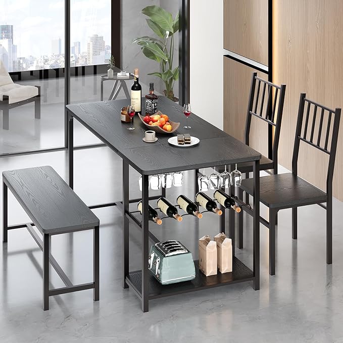 4 EVER WINNER Dining Table Set for 4, 55" Kitchen Table Chairs with 2 Chairs and Bench, 4 Piece Dining Room Table Set with Wine Rack & Wine Glasses Holder for Small Space, Black