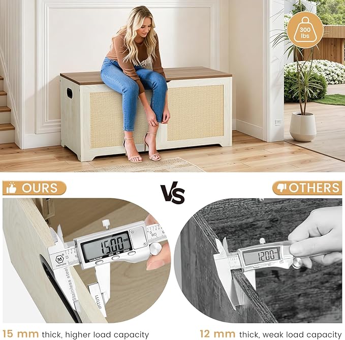 EROMMY Storage Chest, 39.4" Rattan Storage Bench with 2 Safety Hinges, Shoe Bench for Entryway, Bedroom, Living Room, Supports 300 lb