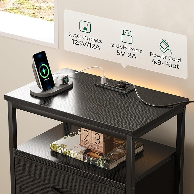 Huuger Nightstands Set of 2, 27.6 Inch End Tables with Charging Station, Bed Side Tables with Fabric Drawers, USB Port and Outlet, Night Stands for Bedroom, Black