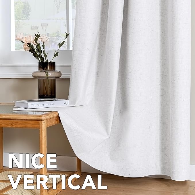 H.VERSAILTEX Linen Curtains 100% Blackout Curtains for Bedroom 63 inch Long Full Light Blocking Nature Linen Blended Window Curtains for Living Room Nickel Grommet (2 Panels, Heathered White)