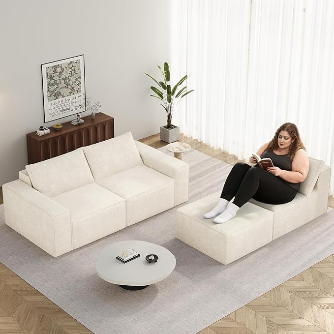 Vesgantti 114" Boneless Modular Sectional Sofa, Modern 3 Seater Couch with Ottoman & Deep Seat, Convertible Chenille L Shaped Cloud Couches for Living Room, No Assembly Required, Beige