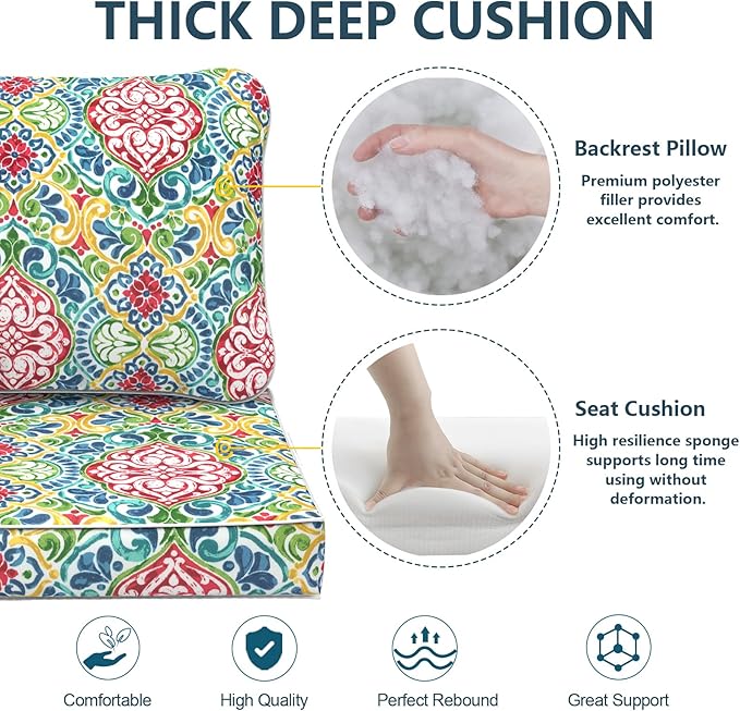 Outdoor Deep Seat Cushions Set 24 x 24 Inch for Patio Furniture,Water Resistant Chair Cushions Replacement Includes Seat Cushion & Back Pillow for Couch Sofa, Wicker Chair - Damask Red