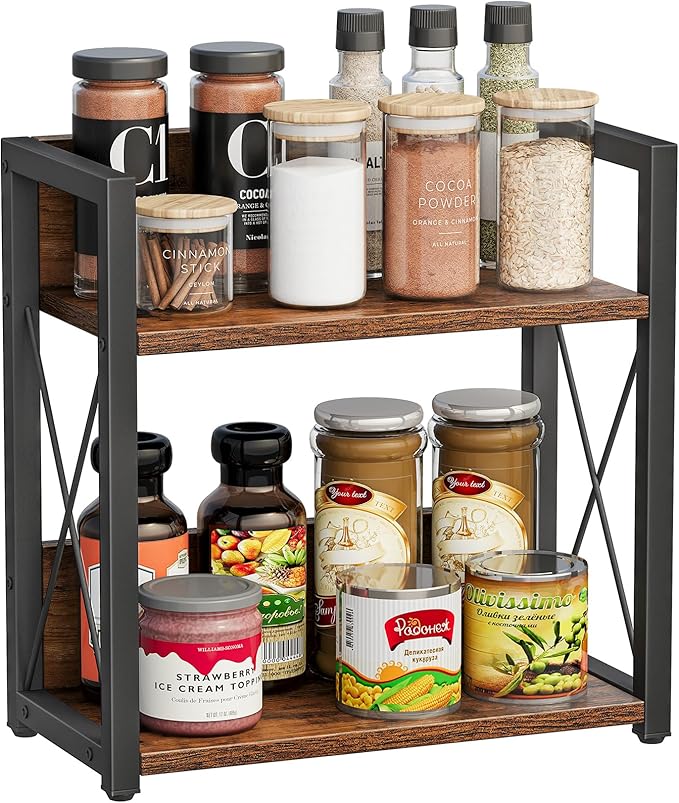 Giikin Counter Shelf Organizer, 2 Tier Kitchen Spice Rack for Countertop, Wood Coffee Counter Organizer for Home (Rustic Brown, L)