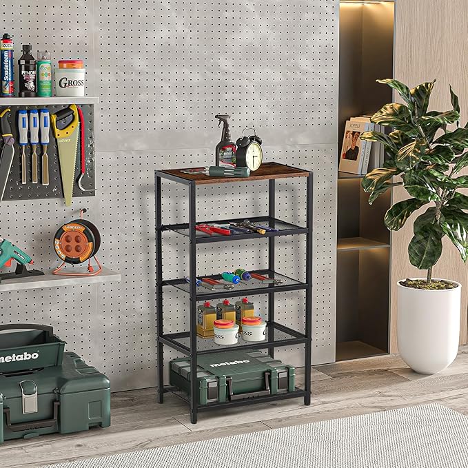 Metal 5 Tier Shoe Rack for Front Door Entrance, Entryway, and Closet Shoe Organizer with 4 Sturdy Metal Mesh Shelves and Wooden Top, Holds 10 Pairs, Ideal for Storage or Display