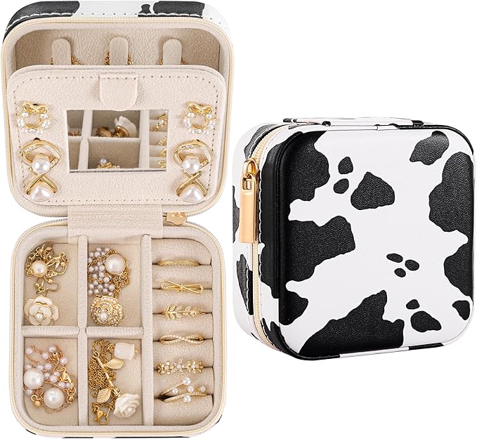 Cow Print Trave Jewelry Case, Animal Print Jewelry Box for Women Girl, Trinket Box Organizer, Adorable Birthday Gradution Gift