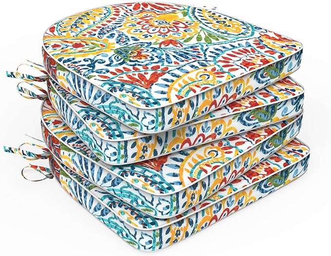 Set of 4 Outdoor Chair Cushions 19"x19"x2",Water Repellent Patio Seat Cushion with Ties and Removable Covers,Dining Chair Cushions for Indoor Kitchen Yard and Patio Furniture,Paisley Multi