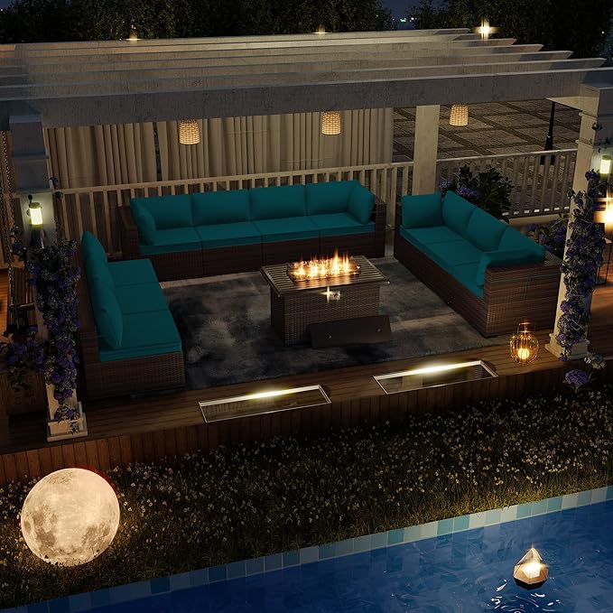 Kurapika 11 Pieces Patio Furniture Set, Rattan Wicker Outdoor Conversation Sets w/43in Propane Fire Pit Table and 4 Inch Cushion(Blue)