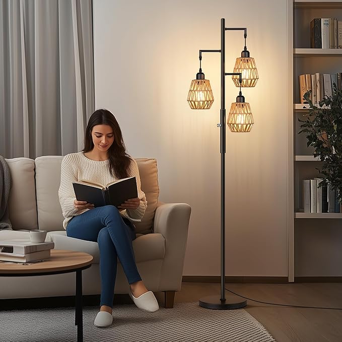 QiMH Farmhouse Floor Lamps for Living Room, Industrial Standing Lamp with 3-Lights Boho Rattan Shades, 68" Modern Rustic Tree Tall Lamps for Bedroom Office, Rotary Switch, 3 LED Bulbs Included