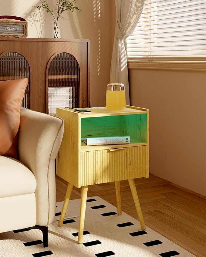 Nightstand, Modern Side Table with Charging Station and LED Lights