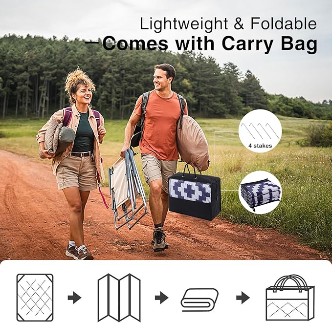 OLANLY Waterproof Outdoor Rug 8x10 ft, Outdoor Plastic Straw Rug for Camping, RV Mat Outside, Indoor Outdoor Carpet for Porch, Deck, Backyard, Balcony, Picnic, Navy & White