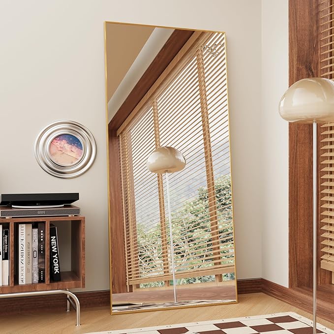 FANYUSHOW Full Length Mirror, Standing Hanging or Leaning Body Mirror, Simple Rectangle Design, Aluminum Alloy Thin Frame, Floor Mirror for Bedrooms, Bathrooms, Living Room 63"x19" (Gold)