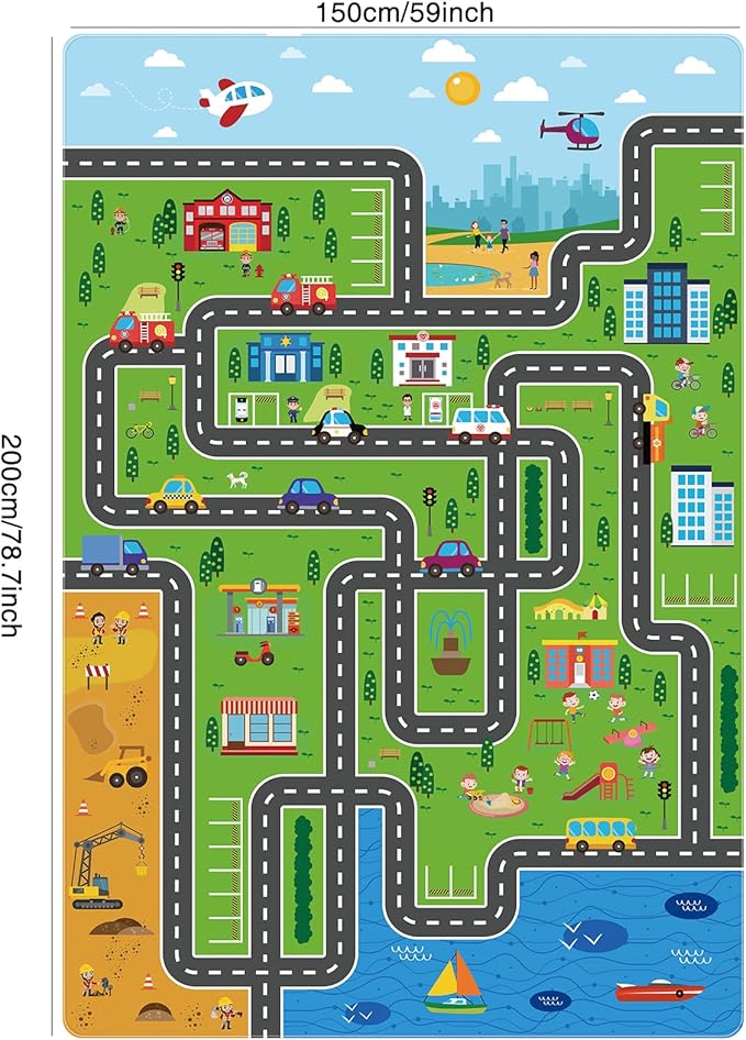 Kids Playmat Car Rug, Kids Play Rugs Town City Road Map Rug, Large Educational Car Mat, Boys Track Play Mat, Kid Rugs for Playroom Bedroom Living Room (Style 1, 78.7X 59 INCH)