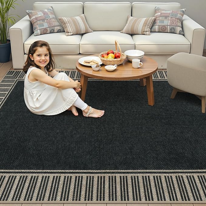 OJIA Easy Jute 5x7 Outdoor Rug, Washable Patio Rugs for Living Room Striped Border Indoor Outdoor Carpet Farmhouse Non-Slip Black Rug Geometric Area Rug for Porch Backyard Dining Room