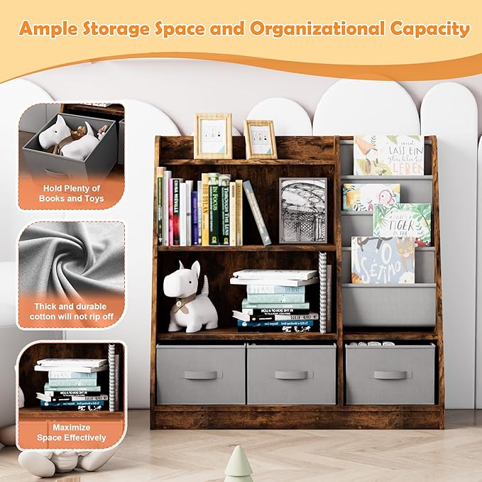 Rustic Kids Bookshelf Wood Montessori Toy Storage Organizer Cabinet Shelf Child Bookcase Toddler Baby Sling Book Rack 3 Cube Bin Fabric Drawers for Playroom Bedroom Nursery School