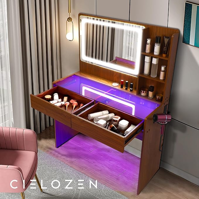 Vanity Desk,Transparent Desktop,Multiple Color Ambient Lights,with Mirror and Tri Color Light Strip,Dressing Table with Charging Station,Equipped with 2 Drawers,Peach Colored