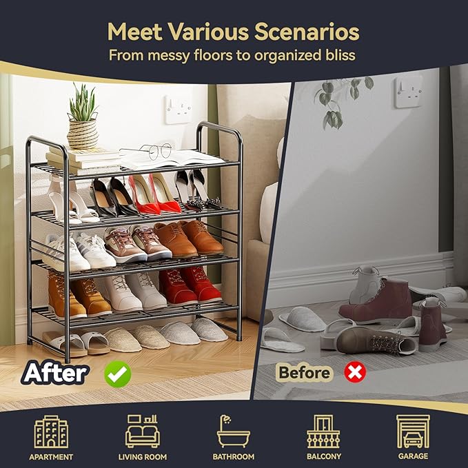 4-Tier 27” Wide Shoe Rack for Closet, Metal Stackable Shoe Shelf Organizer, Holds 14 Pairs, Black