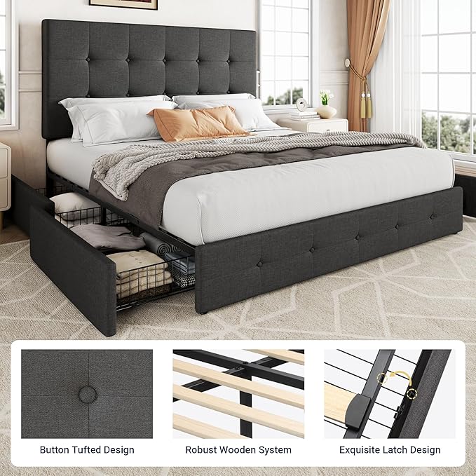 Allewie Upholstered Queen Size Platform Bed Frame with 4 Storage Drawers and Headboard, Square Stitched Button Tufted, Mattress Foundation with Wooden Slats Support, No Box Spring Needed, Dark Grey