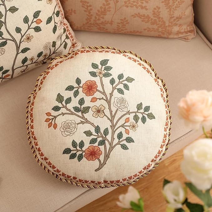 Design Linen Classic Throw Pillow Covers Diameter 16", French Farmhouse Round Cushion Covers with Orange White Floral Pattern Decor Pillowcases for Bed,Living Room,Outdoor,Car