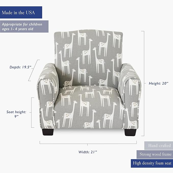Toddler Personalized Armchair, Kids Upholstered Rocking Chair with Personalization, Toddler Chair with Personalized Name, Comfy Child Armchair, (Grey Giraffes Print, Legs)