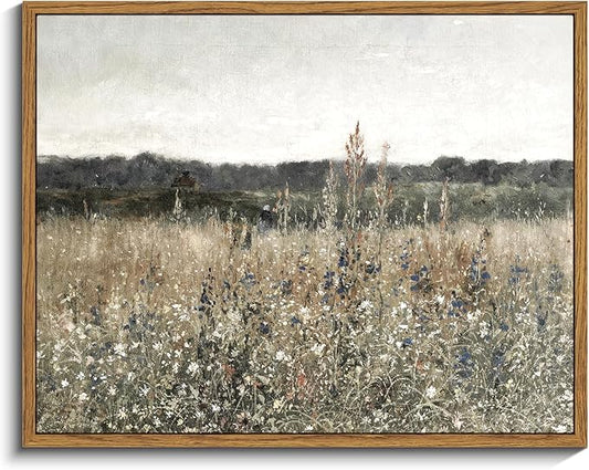 InSimSea Framed Canvas Wall Art Vintage Decor, Wildflower Field Canvas Wall Art Paintings Prints, Rustic Landscape Wall Decor for Bathroom Office, Office Dining Room Decor, 11"x14"
