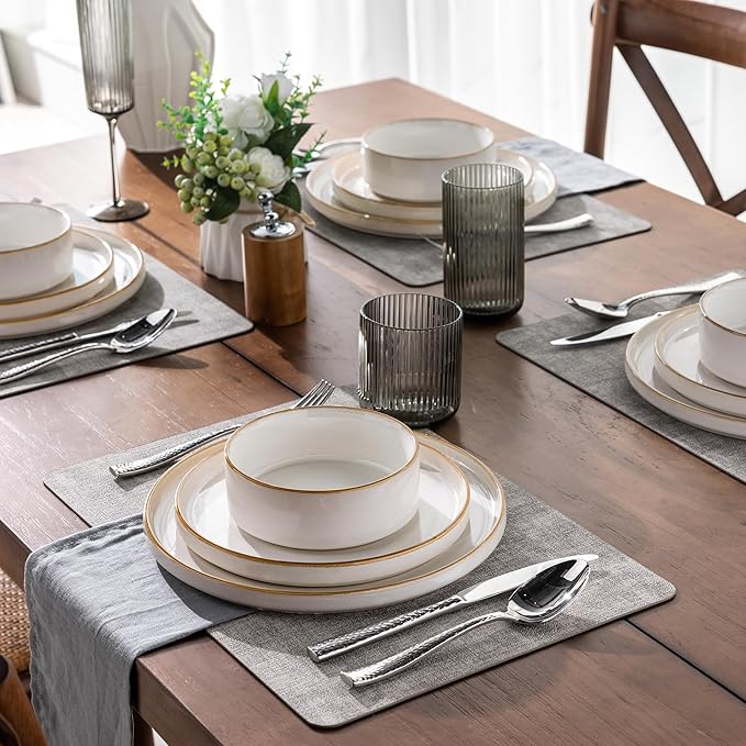 GBHOME Ceramic Dinnerware Sets With Double Bowl for 4, 16 Pieces Stoneware Plates and Bowls Set, Reactive Glaze Dishes -Scratch Resistant, Dishwasher&Microwave Safe-Pearl White