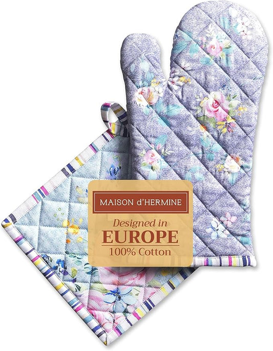 Maison d' Hermine 100% Cotton Oven Mitt & Pot Holder Set (7.5"x13" & 8"x8") Heat Resistant BBQ Cooking Gloves with Loop, Grilling, Kitchen, Handling Hot Pans Spring/Summer (Sweet Rose Lavender - Lush)