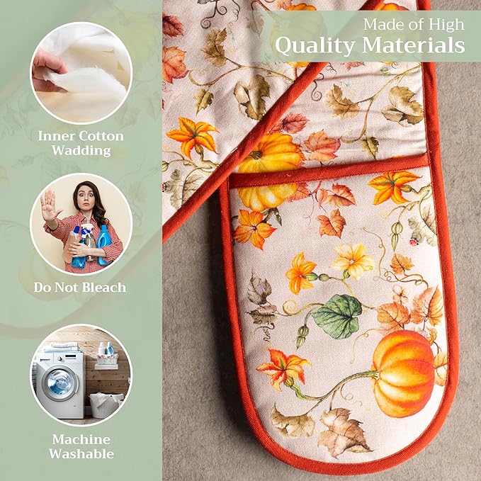 Maison d' Hermine Double Oven Mitt (7" x 35") 100% Cotton Heat Resistant BBQ Cooking Gloves with Loop for Thanksgiving Christmas Decorations Baking Cooking Barbeque Handling Hot Pan (Potiron)