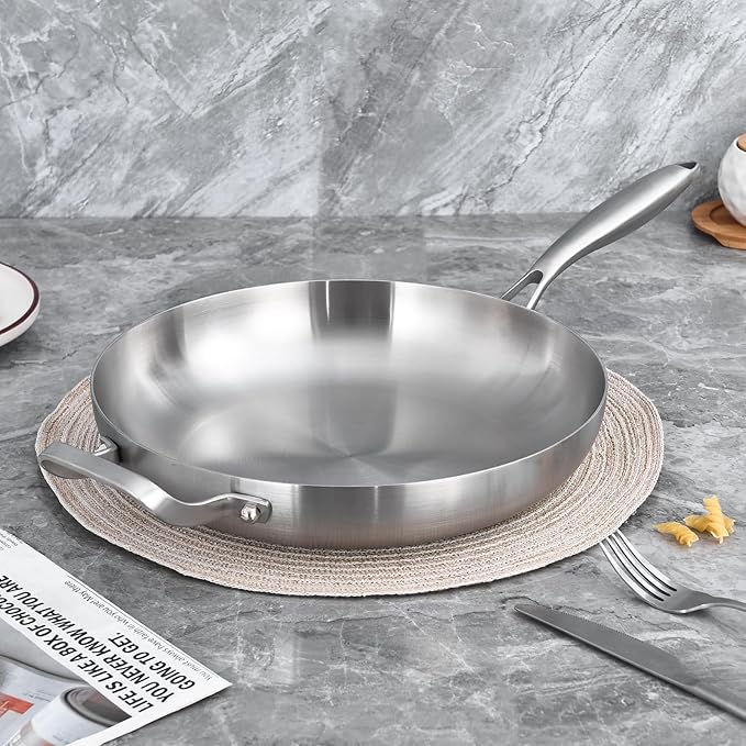 LOLYKITCH 14 Inch Tri-ply Stainless Steel Frying Pan with Lid and Helper Handle,Large Skillet,Induction Chef's Cooking Pan,Oven Safe and Detachable Handle