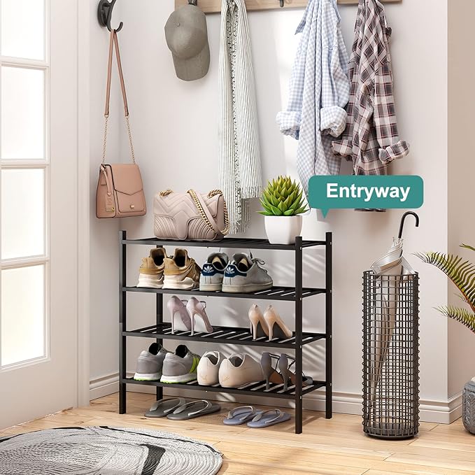 4-Tier Black Bamboo Shoe Rack for Entryway, Stackable | Foldable | Natural, Shoe Organizer for Hallway Closet, Free Standing Shoe Racks for Indoor Outdoor