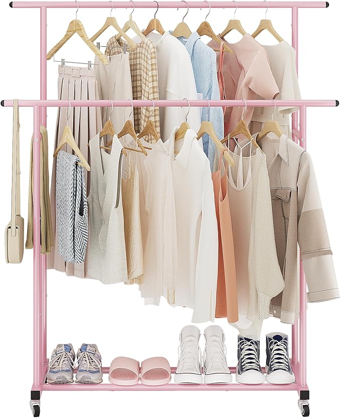 Calmootey Double Rod Clothing Garment Rack,Rolling Hanging Clothes Rack,Portable Clothes Organizer for Bedroom,Living Room,Clothing Store,Pink
