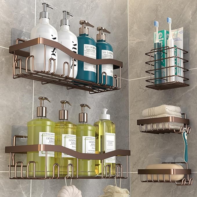 Adhesive Shower Caddy, No Drilling Bath Organizers 5 Pack, Rustproof Shelves with Soap Holder & Toothbrush Holder, Bathroom Organizers and Storage, Bronze