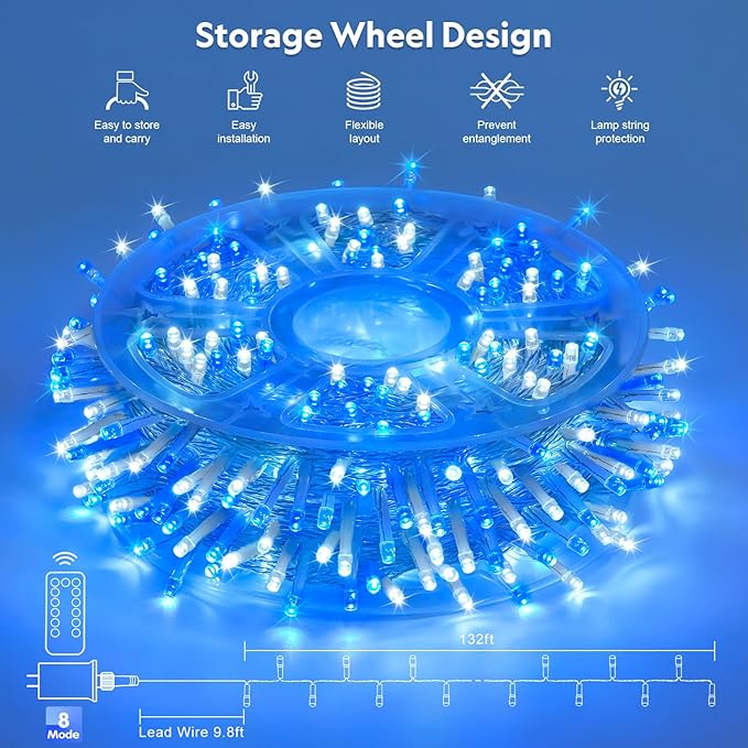 JMEXSUSS 132FT 400 LED Christmas Lights Outdoor Waterproof 8 Modes Indoor String Lights for Outside Blue and White Christmas Tree Lights Plug in for Bedroom Patio Tree Christmas Decorations